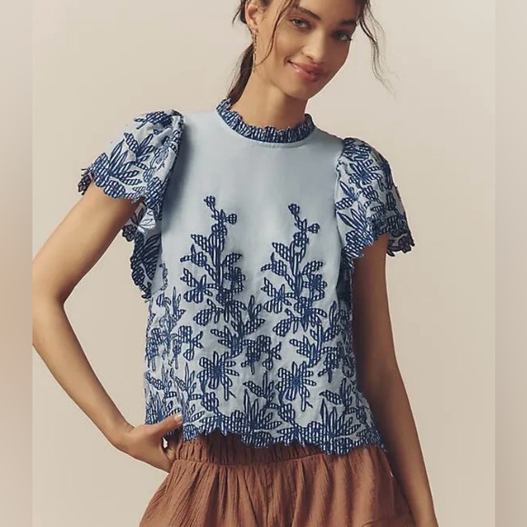 Anthropologie Tops - NWT Size XS - The Lainie High-Neck Cotton Lace Cutwork Blouse (NWT US$ 138)